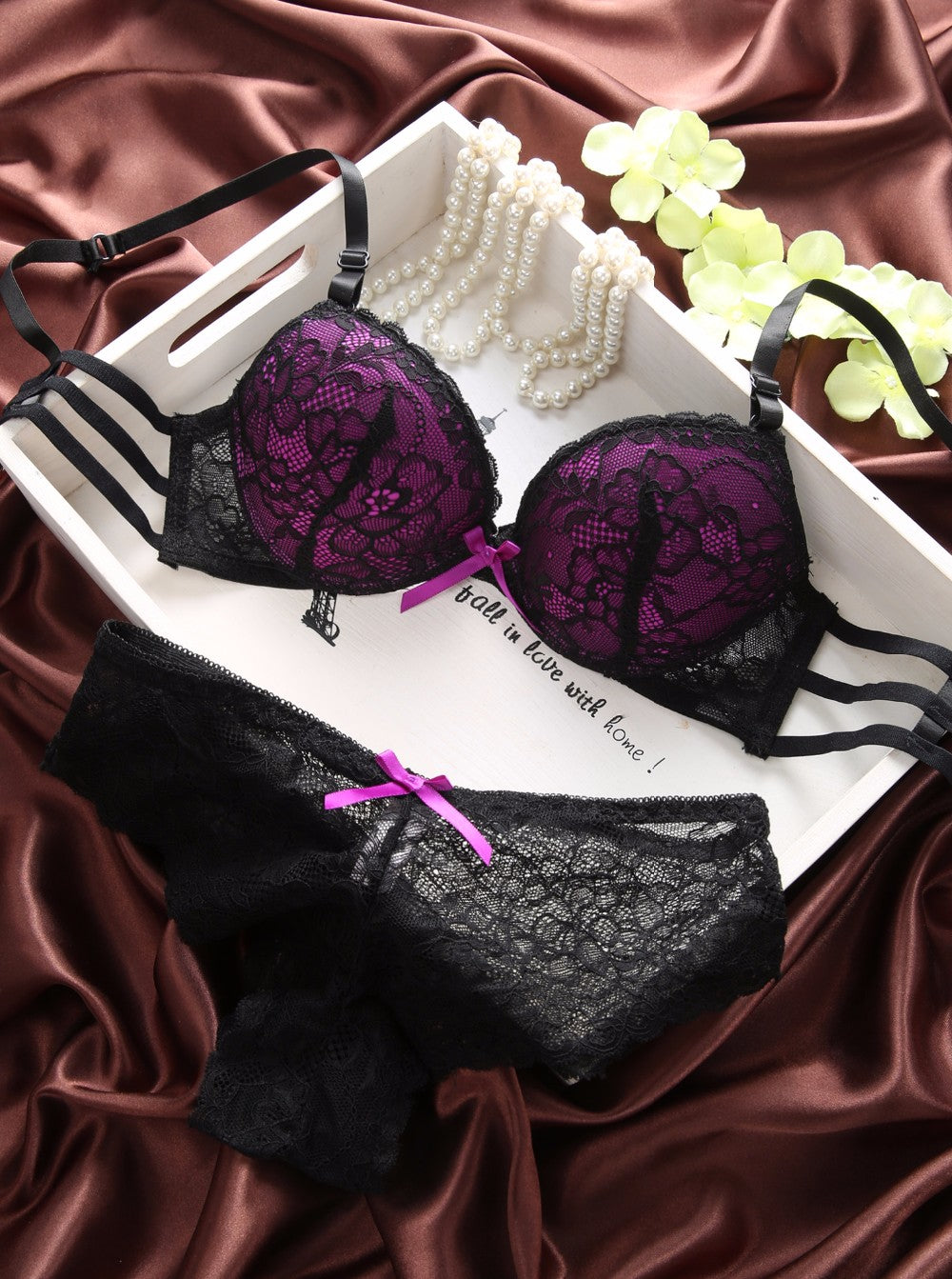 Cute Lace Embroidery Push Up Bra & Panty set-8805