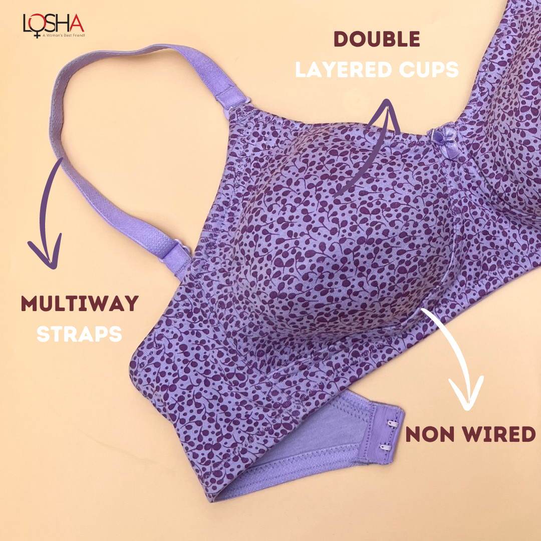 COTTON DOUBLE LAYERED NON WIRED PRINTED WITH CONVERTIBLE STRAPS -LAVENDAR PRINT
