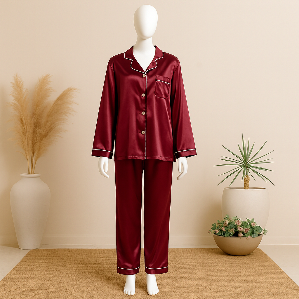Flourish Plain Silk Front Button Open 3/4 Sleeve Night Dress For Girls - Silk Night Suit For Women Girls- Pjs For Women Two Piece Set