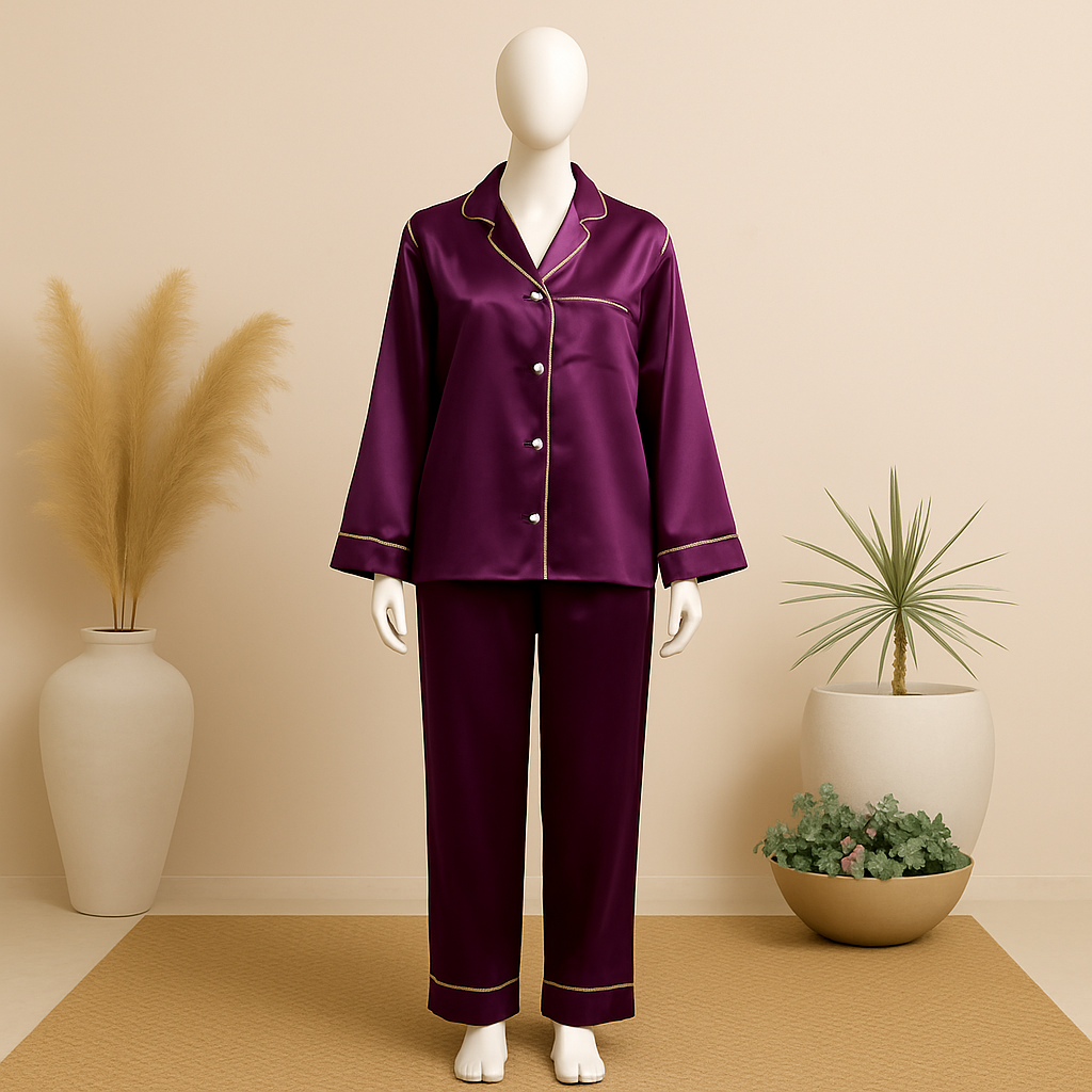 Flourish Plain Silk Front Button Open 3/4 Sleeve Night Dress For Girls - Silk Night Suit For Women Girls- Pjs For Women Two Piece Set