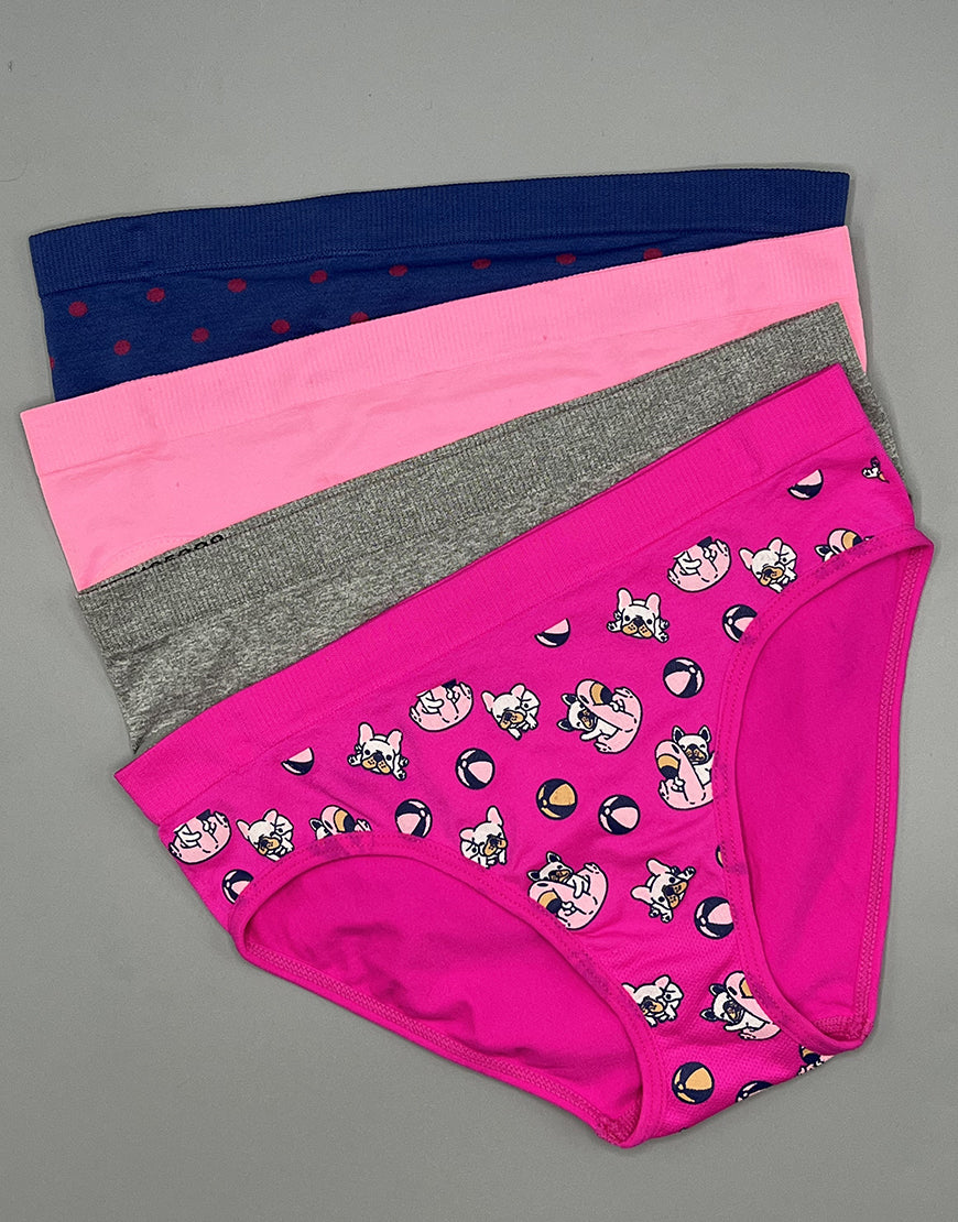 TEENS PACK OF 4 SEAMLESS SOLID & PRINT HIPSTER PANTIES-PINK GLOW