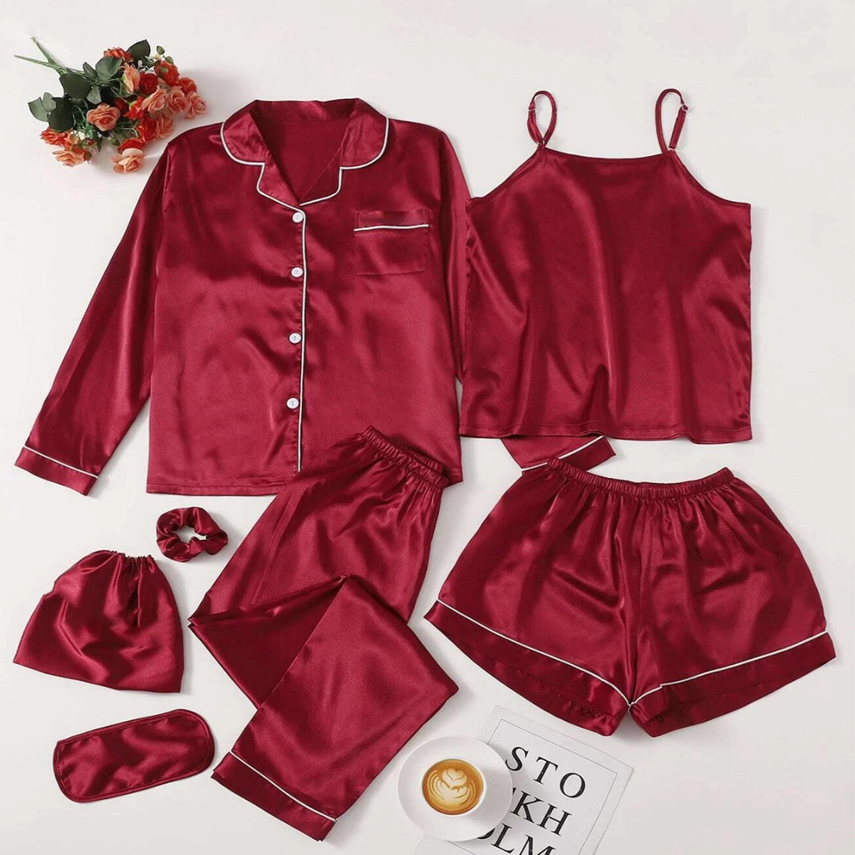 Flourish 7 pcs Non Padded Silk Satin Pajama Set Cami Top Nightgown Sexy Sleepwear Robe Sets Lace Nightdress
