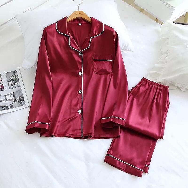 Flourish Plain Silk Front Button Open 3/4 Sleeve Night Dress For Girls - Silk Night Suit For Women Girls- Pjs For Women Two Piece Set