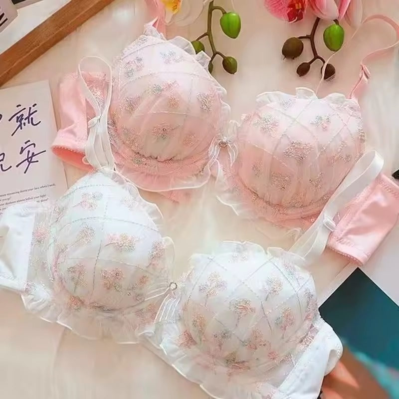 New High Quality Cute Lace Flower Adjustable Straps Push Up Bridal Padded Bra And Panty Set 168 Flower