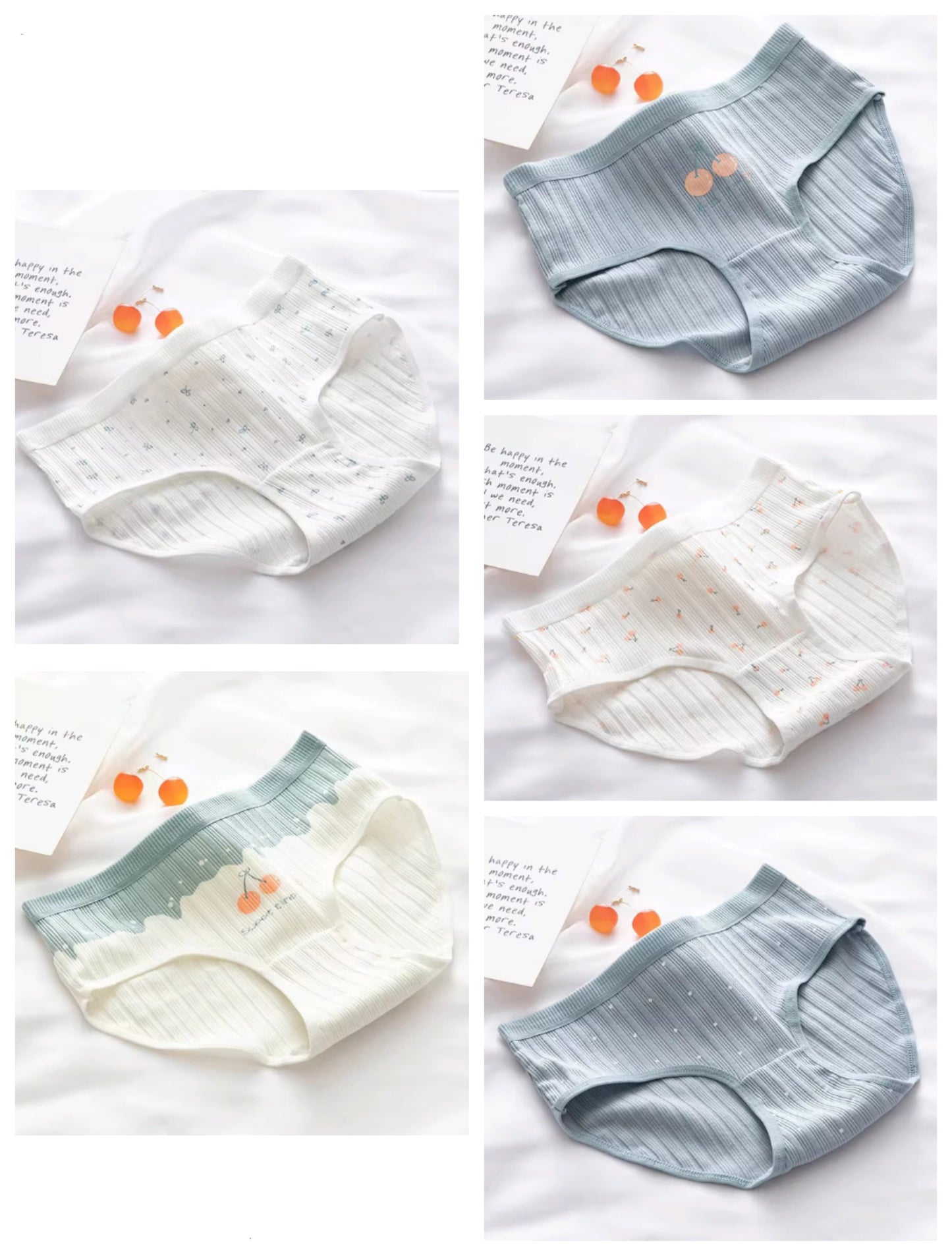 Pack Of 5 Pure Cotton Seamless Girls' Briefs Color Block Cheery Print Briefs, Cute Comfy Breathable Stretchy Underwear For Girls And Women's CS06