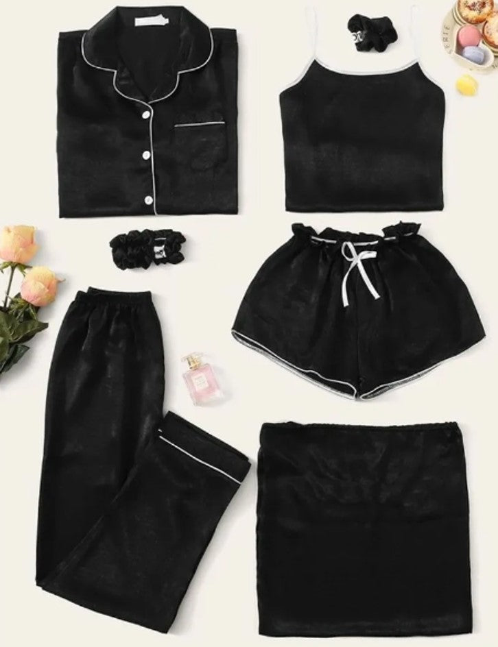 Flourish 7 pcs Non Padded Silk Satin Pajama Set Cami Top Nightgown Sexy Sleepwear Robe Sets Lace Nightdress