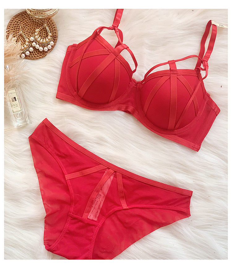Flourish Stylish Sexy Front Cross Strips Padded Wired Bra & Panty Set 0001
