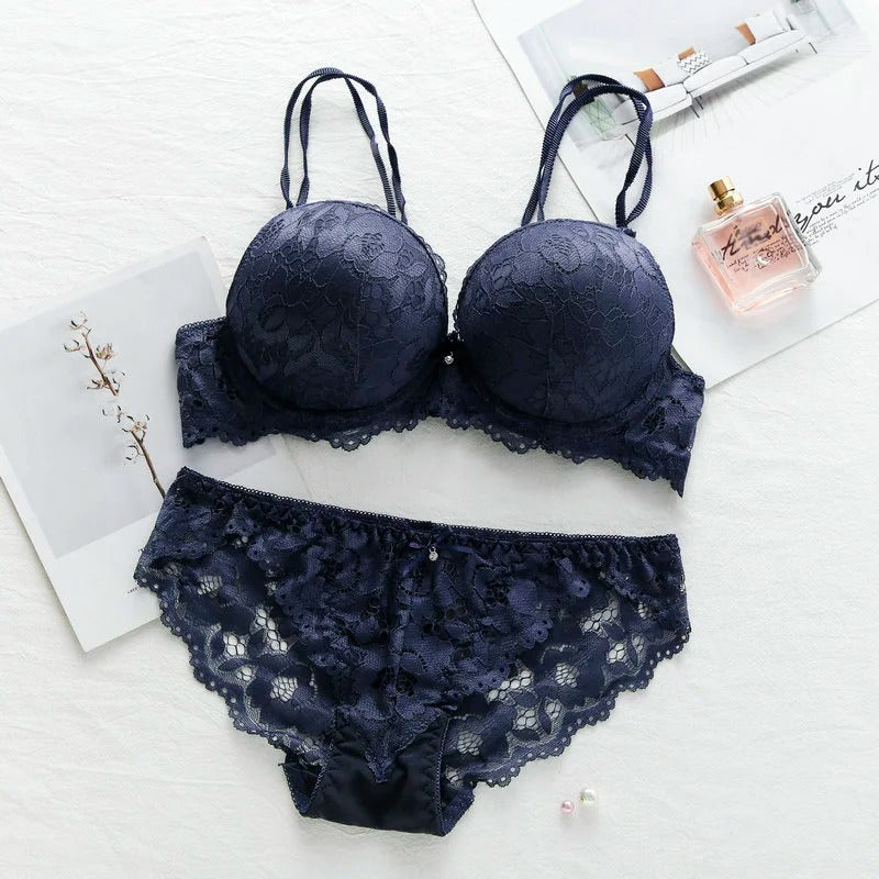 Flourish Elegant Lace Bra & Panty Set β Push Up & Double Padded Comfort with Floral Detailing (8855)
