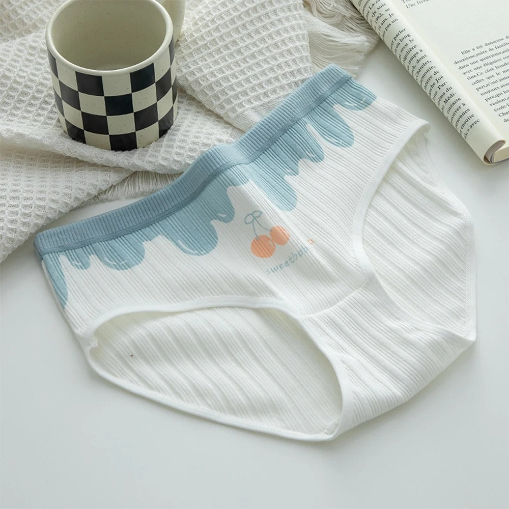 Pack Of 5 Pure Cotton Seamless Girls' Briefs Color Block Cheery Print Briefs, Cute Comfy Breathable Stretchy Underwear For Girls And Women's CS06