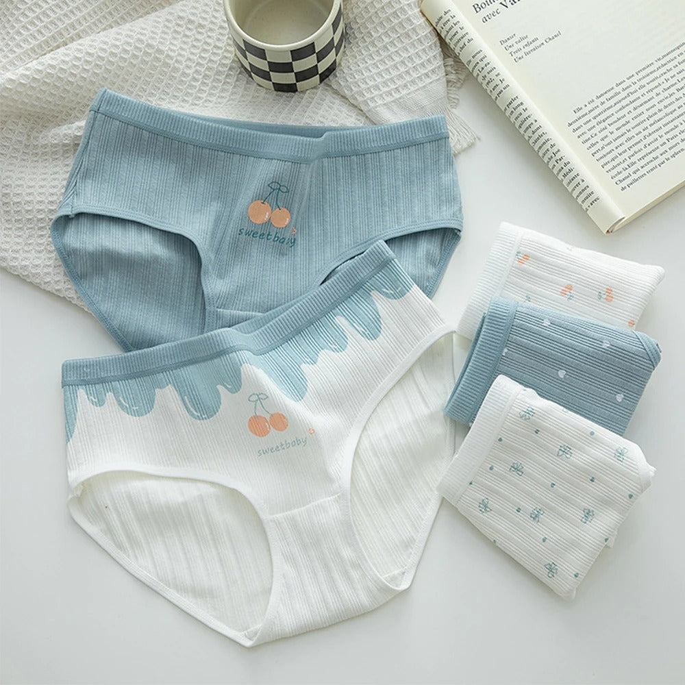 Pack Of 5 Pure Cotton Seamless Girls' Briefs Color Block Cheery Print Briefs, Cute Comfy Breathable Stretchy Underwear For Girls And Women's CS06