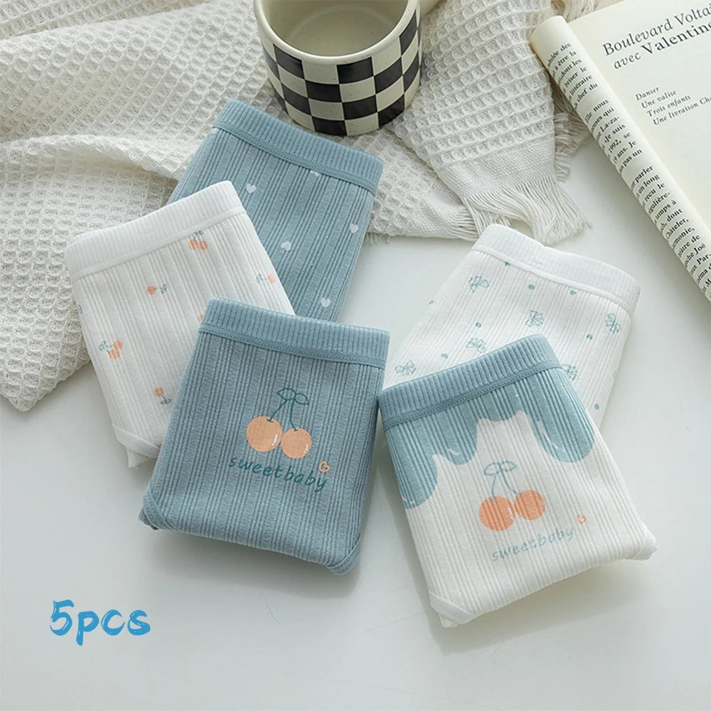 Pack Of 5 Pure Cotton Seamless Girls' Briefs Color Block Cheery Print Briefs, Cute Comfy Breathable Stretchy Underwear For Girls And Women's CS06