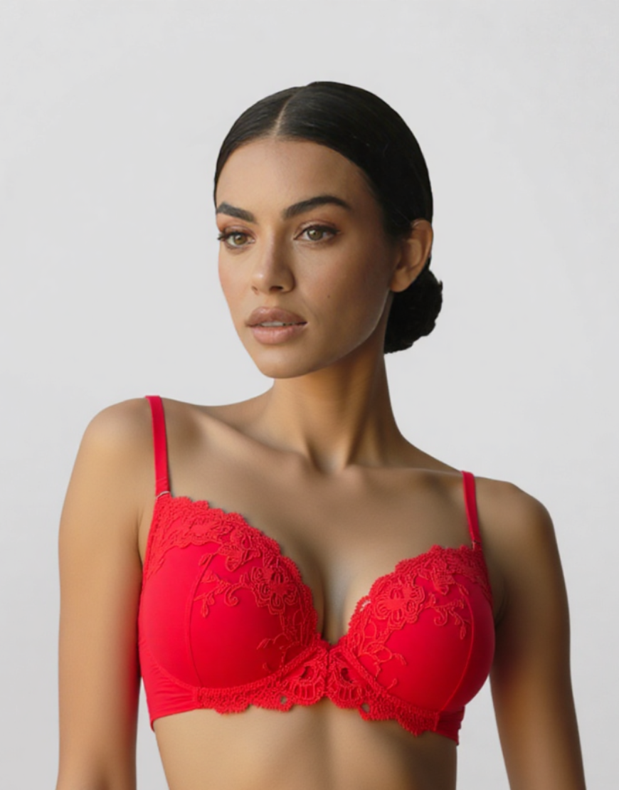LIGHTLY PADDED WIRED FANCY BRA WITH MATCHING PANTY-RED
