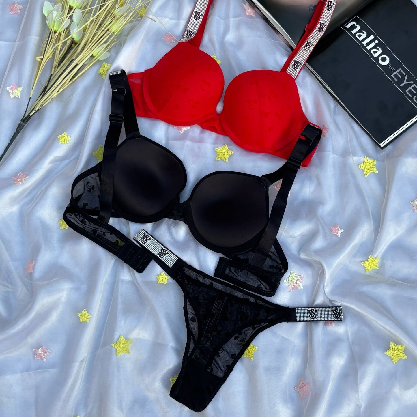 Flourish High Quality New Style Wired Rhinestone Straps Back Hook Adjustable Straps Bra & Panty Set 2408
