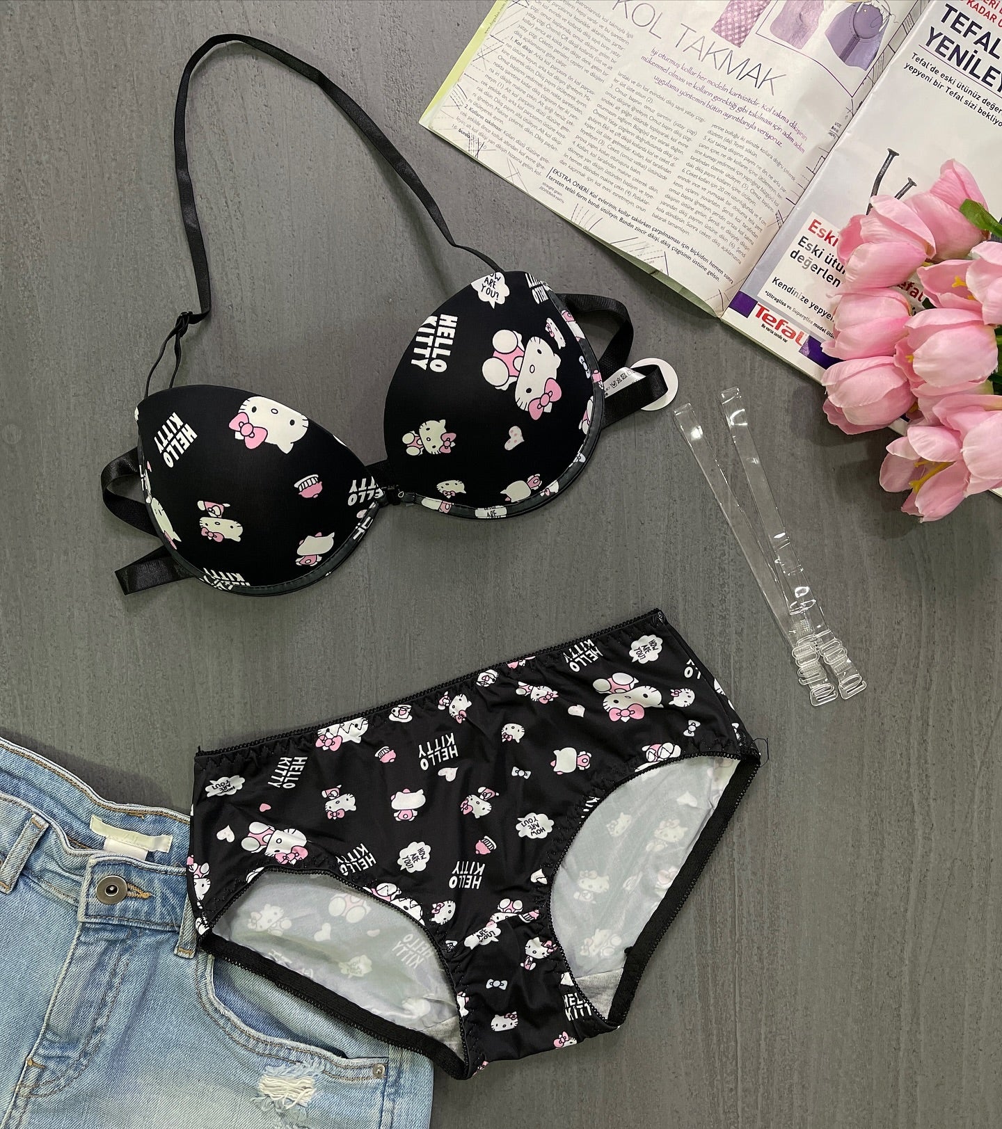Flourish High Quality Front Open 4 In 1  Push-up Hello Kitty Print Adjustable Straps Bra Panty Set 016
