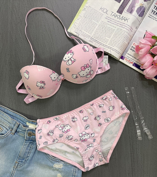 Flourish High Quality Front Open 4 In 1  Push-up Hello Kitty Print Adjustable Straps Bra Panty Set 016
