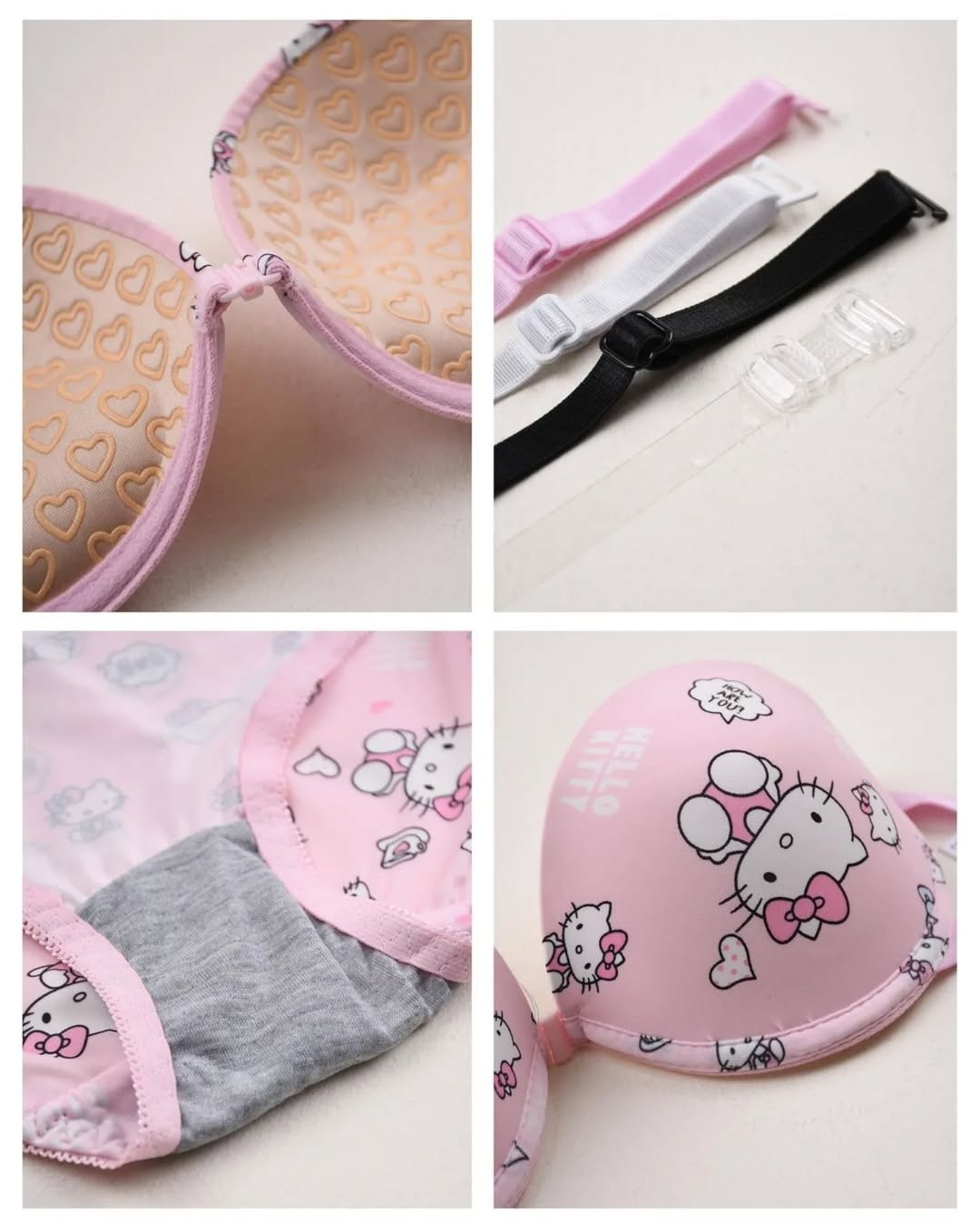 Flourish High Quality Front Open 4 In 1  Push-up Hello Kitty Print Adjustable Straps Bra Panty Set 016