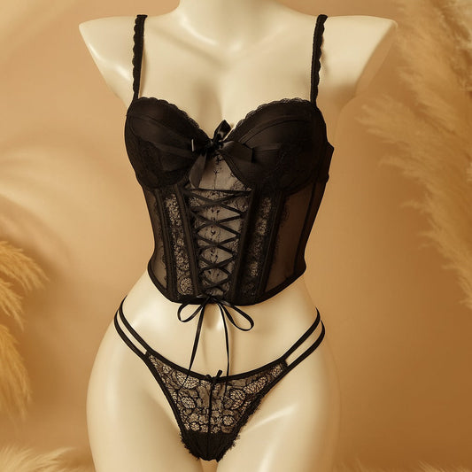 Lace Lingerie Set – Corset Style Bra & Panty with Adjustable Straps F12