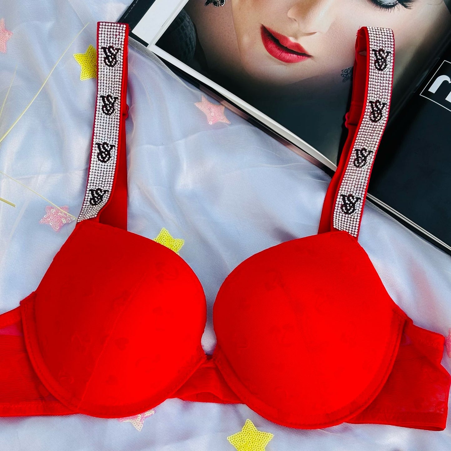 Flourish High Quality New Style Wired Rhinestone Straps Back Hook Adjustable Straps Bra & Panty Set 2408