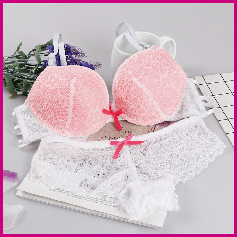 Cute Lace Embroidery Push Up Bra & Panty set-8805