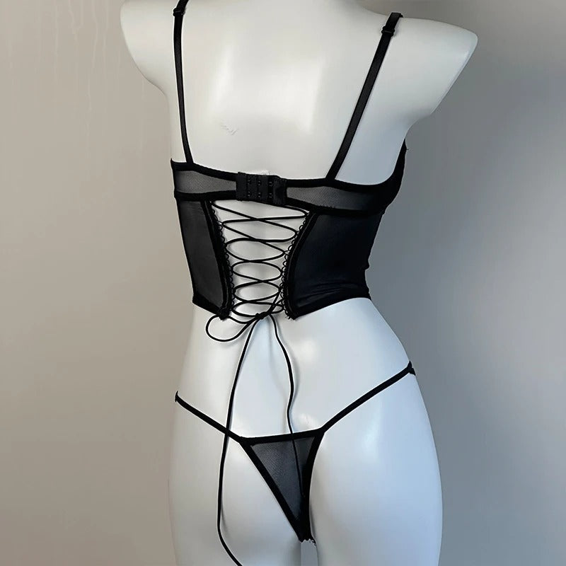 Lace Lingerie Set – Corset Style Bra & Panty with Adjustable Straps F12