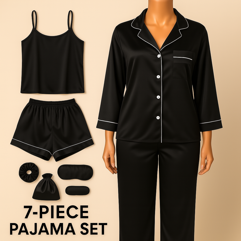 Flourish 7 pcs Non Padded Silk Satin Pajama Set Cami Top Nightgown Sexy Sleepwear Robe Sets Lace Nightdress
