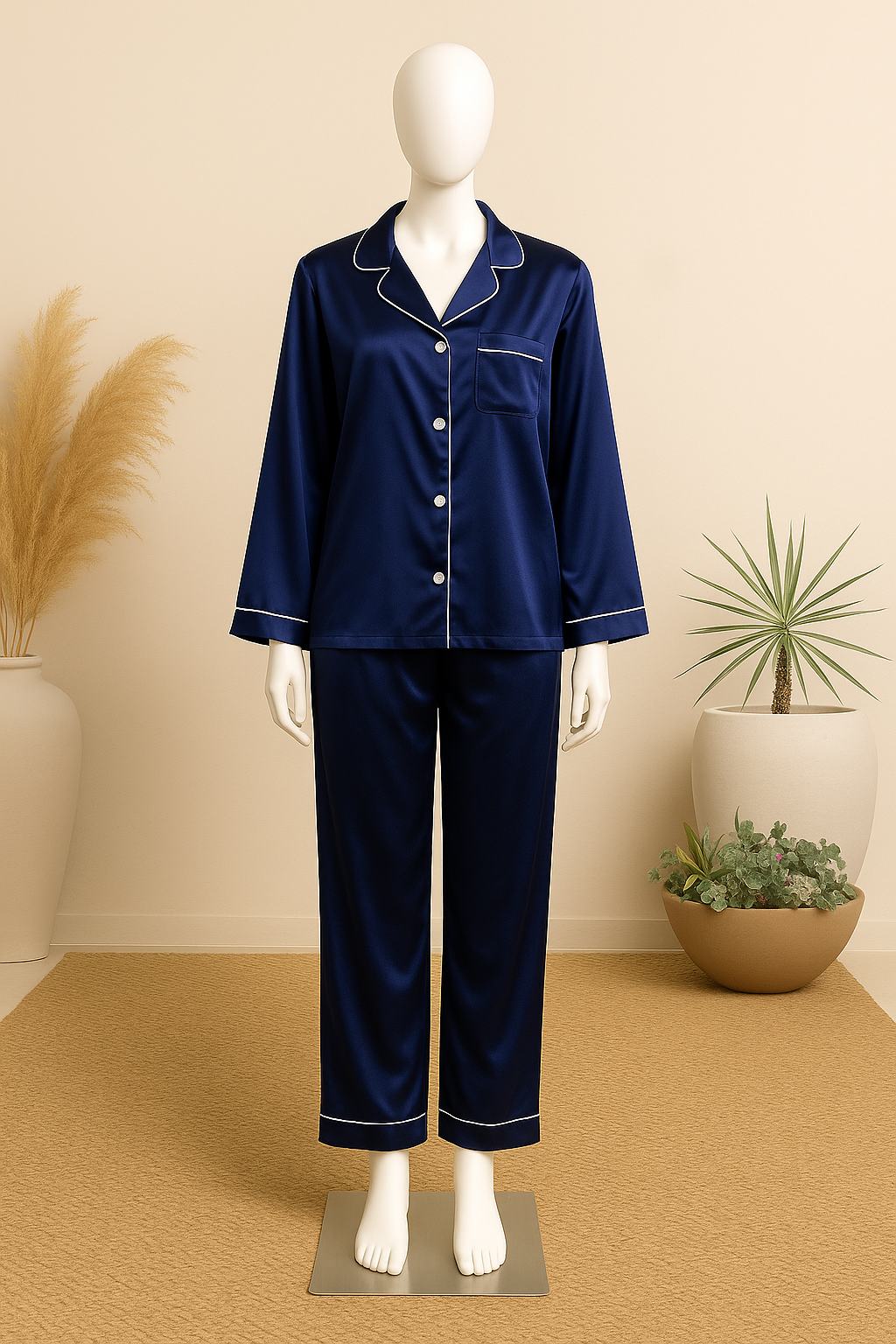 Flourish Plain Silk Front Button Open 3/4 Sleeve Night Dress For Girls - Silk Night Suit For Women Girls- Pjs For Women Two Piece Set