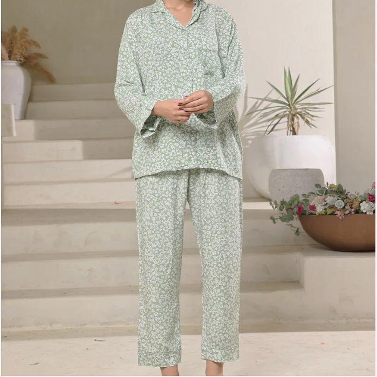 Flourish Summer  Cooling Linen 2-Piece Pajama Set  With Scrunchie
