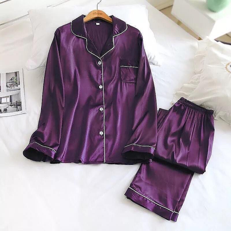 Flourish Plain Silk Front Button Open 3/4 Sleeve Night Dress For Girls - Silk Night Suit For Women Girls- Pjs For Women Two Piece Set