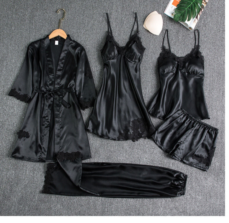 Flourish 5 pcs Non Padded Silk Satin Pajama Set Cami Top Nightgown Sexy Sleepwear Robe Sets Lace Nightdress
