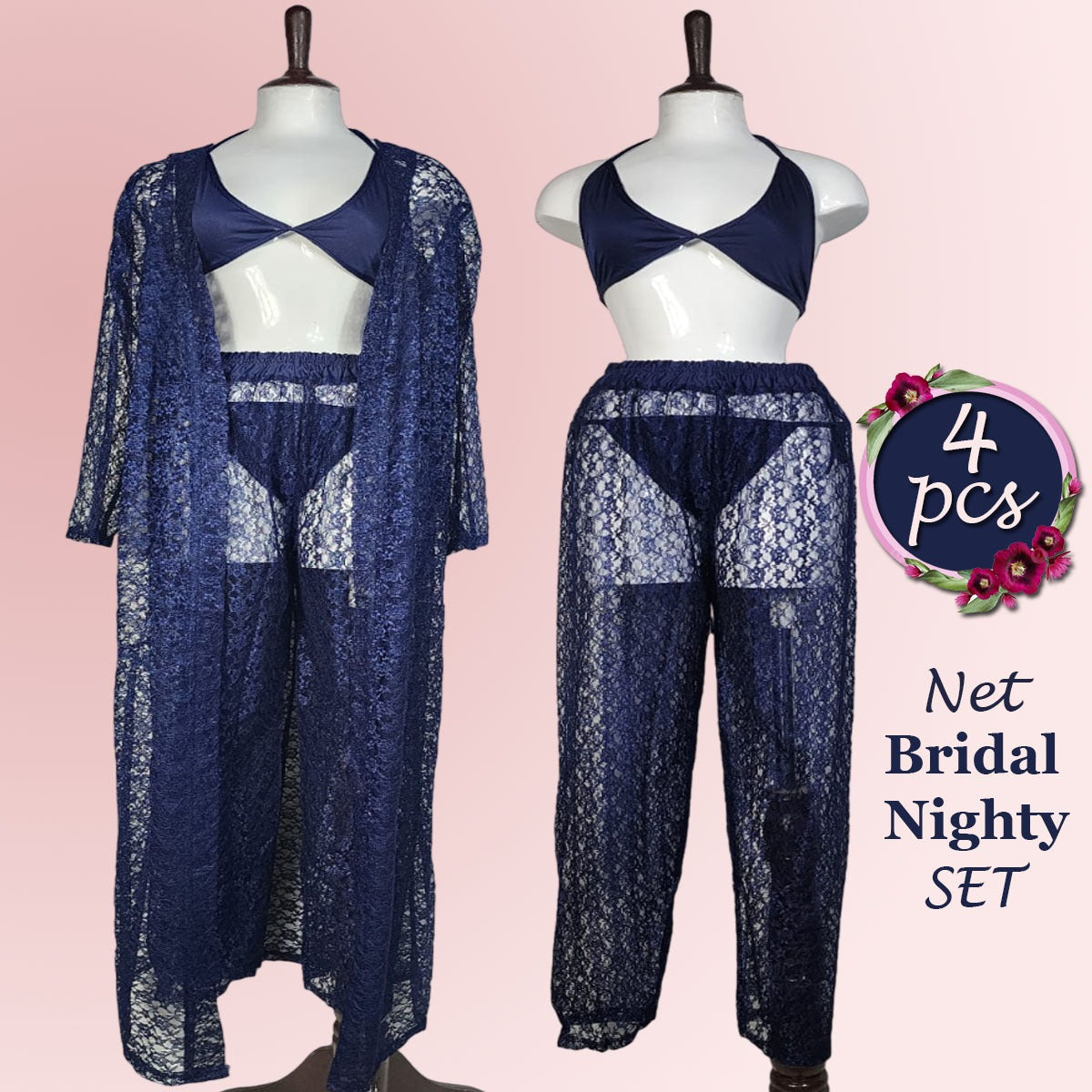 Flourish 4 pcs High Qaulity Lace Net See Through Bridal Nighty Set