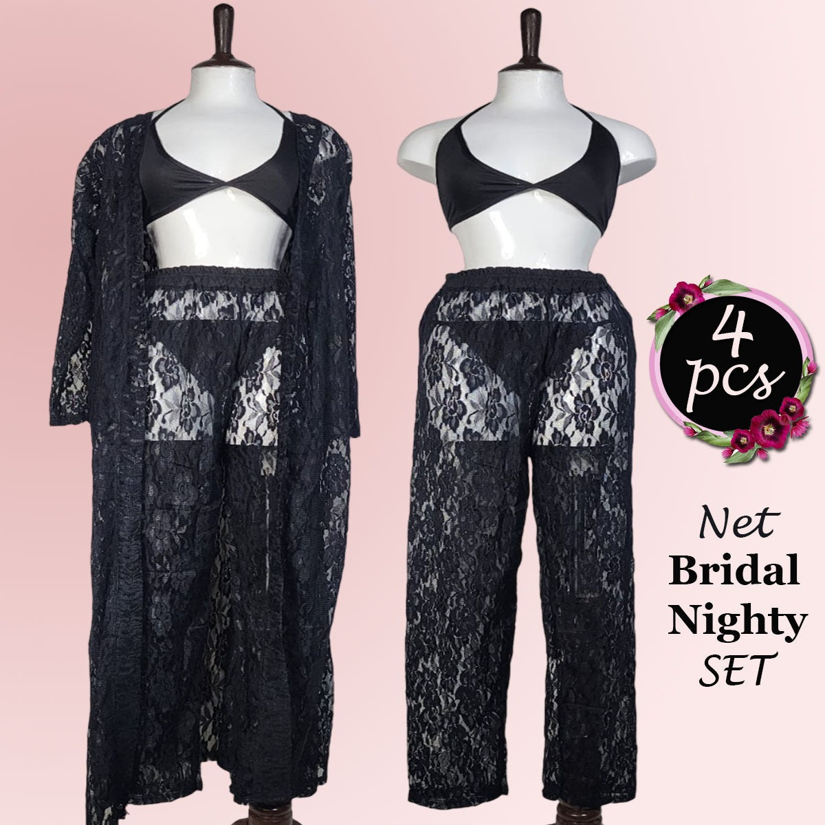 Flourish 4 pcs High Qaulity Lace Net See Through Bridal Nighty Set