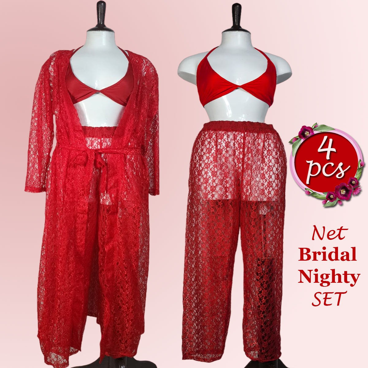 Flourish 4 pcs High Qaulity Lace Net See Through Bridal Nighty Set
