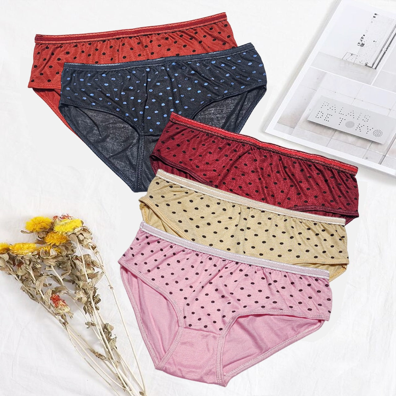 Flourish Budget Pack Of 5 Comfortable Polka Dotted Cotton Brief Women Seamless Underwear Panties 3201