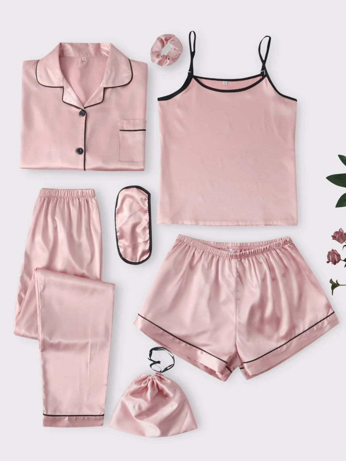 Flourish 7 pcs Non Padded Silk Satin Pajama Set Cami Top Nightgown Sexy Sleepwear Robe Sets Lace Nightdress