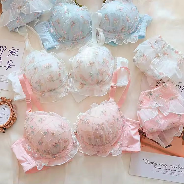 New High Quality Cute Lace Flower Adjustable Straps Push Up Bridal Padded Bra And Panty Set 168 Flower