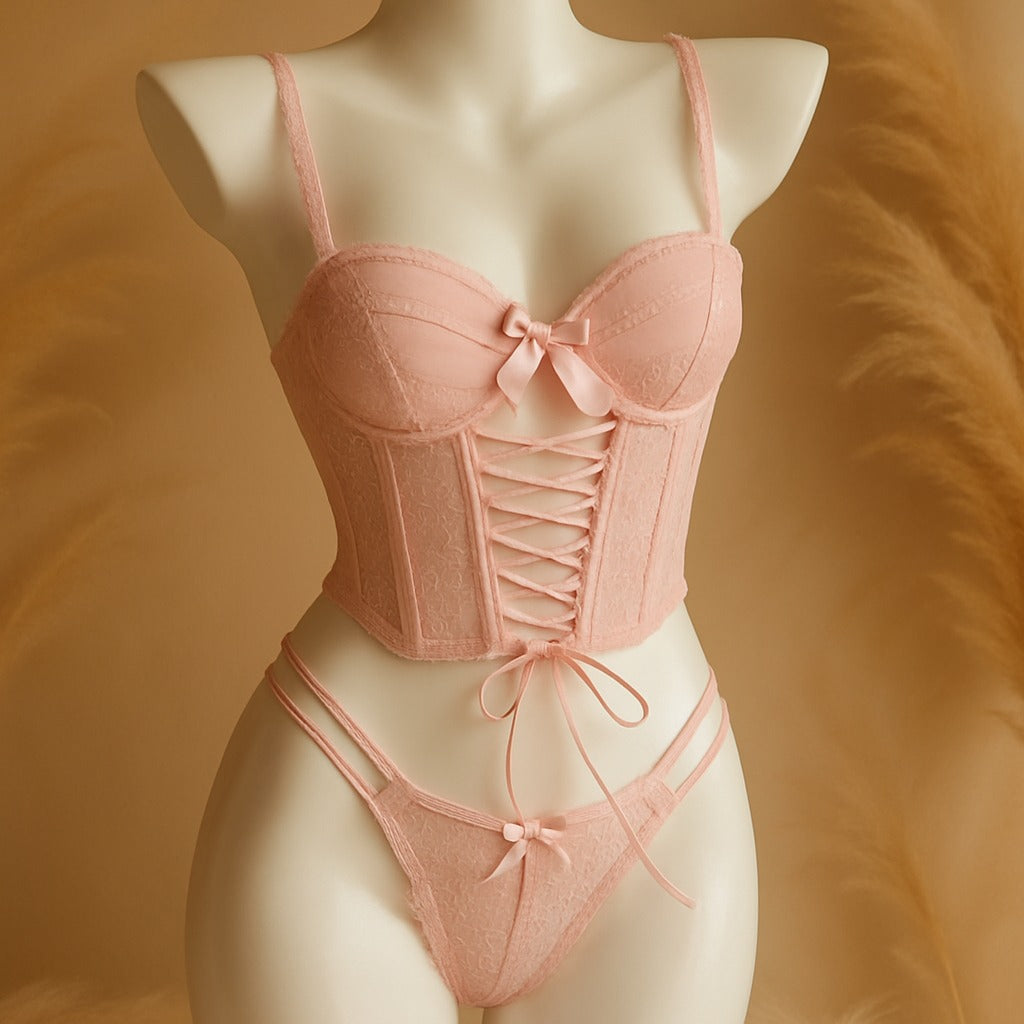 Lace Lingerie Set – Corset Style Bra & Panty with Adjustable Straps F12