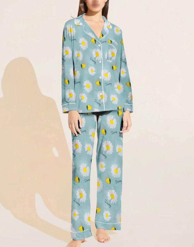 Flourish Floral Sun Flower Linen Pajamas Sets With Free Scrunchie Sleepwear Two Pieces Set